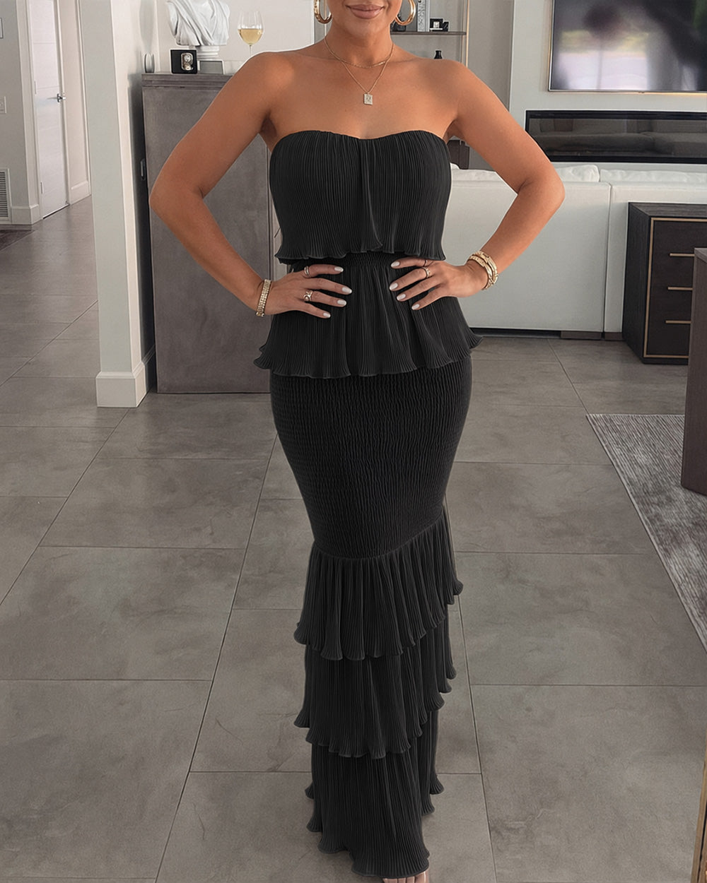 Layered Ruffle Shirred Slim Fit Strapless Dress Textured Maxi Party Dress