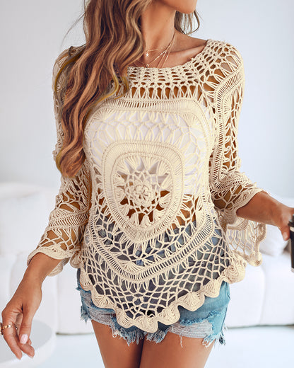 Boat Neck Batwing Sleeve Hollow-out Casual Top Asymmetrical Scallop Hem Crochet Pattern Cover Up