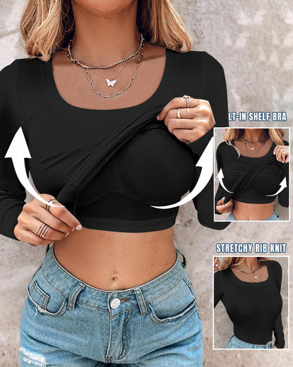 ChicMe Built-in Bra U-Neck Long Sleeve Ribbed Top