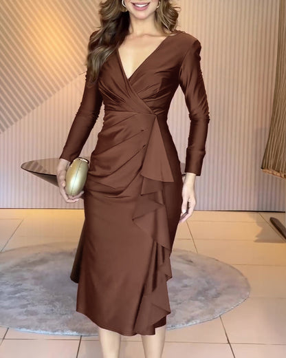Women's Satin Long Sleeve Midi Dress Ruched Wrap V Neck Ruffle Slit Evening Gown Party Dress