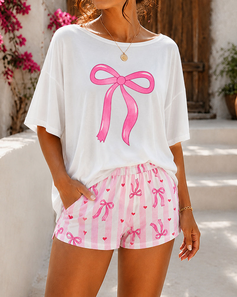 Women's Loungewear Set Anchor Print Side Slit Top and Striped Shorts Set Casual Pajamas Set with Pockets