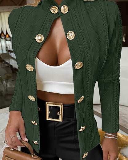 Metal Double Breasted Decor Stand Collar Argyle & Cable Textured Coat