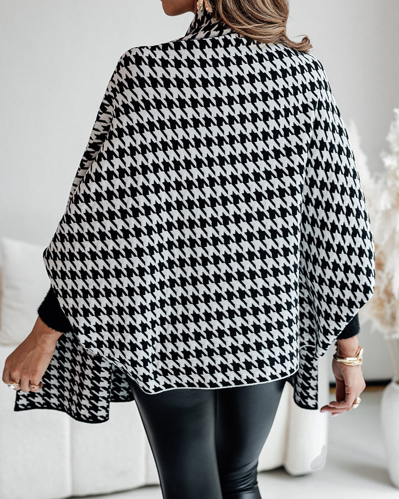 Houndstooth Print Versatile Loose Fit Sweater Coat Casual Warm Cape Shawl