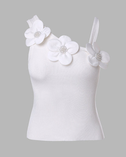 2 Pack Solid 3D Flower Tank Top Asymmetrical Neck Sleeveless Casual Ribbed Knit Camisole