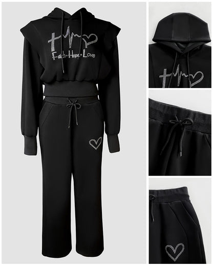 2 Pieces Outfit Rhinestone Graphic & Letter Pattern 3D Design Crop Drawstring Hoodie Sweatshirt and Casual Drawstring Elastic Waist Wide Leg Sweatpants Set