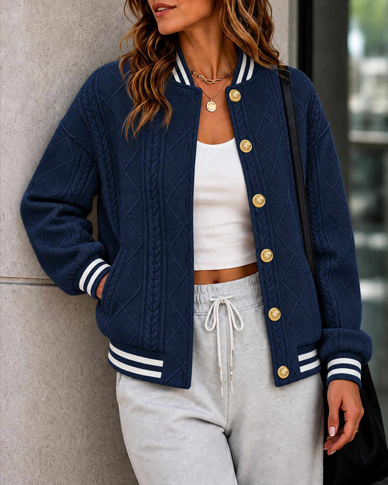 CHICMELIVE Women's Cable Knit Bomber Jacket Casual Button Down Cardigan