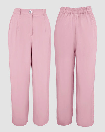 2 Pieces Outfit Turn-down Collar Turn-Up Sleeves Button Front Flap Pockets Design Top and Causal Zipper Fly Elastic Back Waist Wide Leg Pants Set