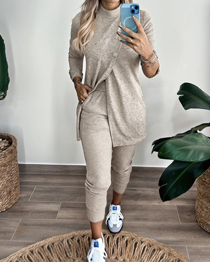 2 Pieces Outfit Mock Neck Long Sleeve Button Decor Slit Mid-Length Top and Stretchy Drawstring High Waist Slim Fit Pants Set
