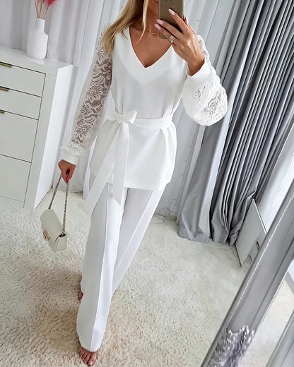Women's Two Piece Outfits V-Neck Lace Long Sleeve Top and Wide Leg Pants Set Elegant Matching Set with Belt