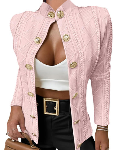 CHICMELIVE Women's Argyle Cable Knit Cropped Jacket Casual Stand Collar Coat