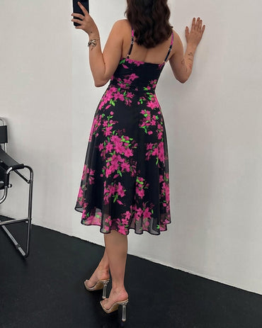 Women's Floral Print Cowl Neck Cami Dress High Waisted Sheer Mesh Overlay A-Line Dress Elegant Backless Flowy Party Dress