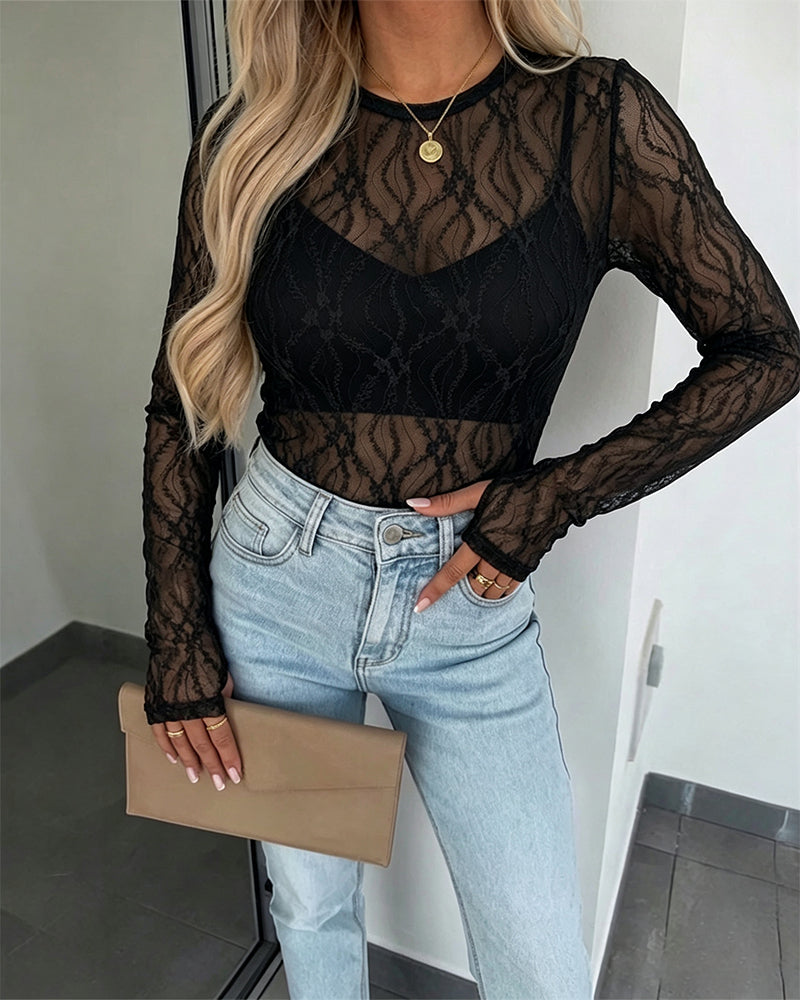CHICMELIVE Lace Top Sheer Mesh Fitted Shirts for Women with Thumb Holes