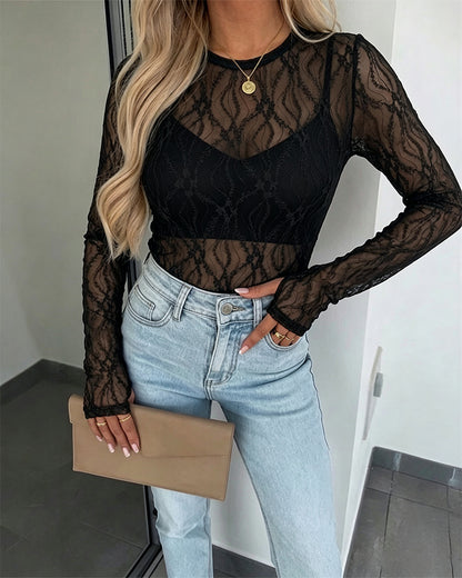 CHICMELIVE Lace Top Sheer Mesh Fitted Shirts for Women with Thumb Holes