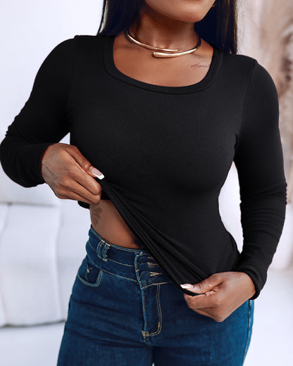 Built In Bra U Neck Tee High Stretchy Knit T-Shirt Long Sleeve Top