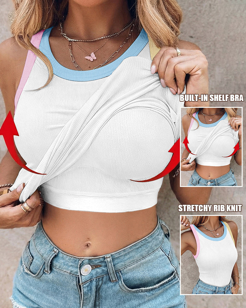 CHICMELIVE Womens Sleeveless Ribbed Built in Bra Tank Top-Lighted Blue-X-Large