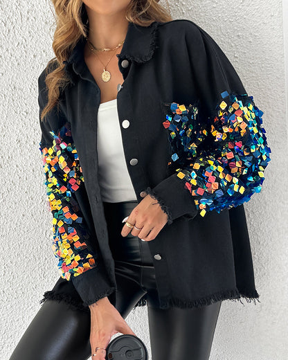 Contrast Sequin Long Sleeve Jacket Top Button Front Raw Hem Loose Fit Shacket