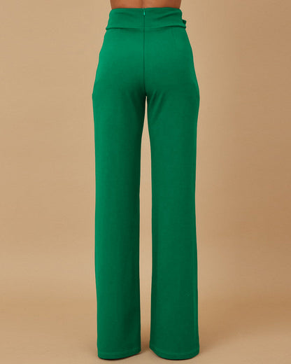 Metal Button Decor High Waist Casual Straight Leg Work Pants