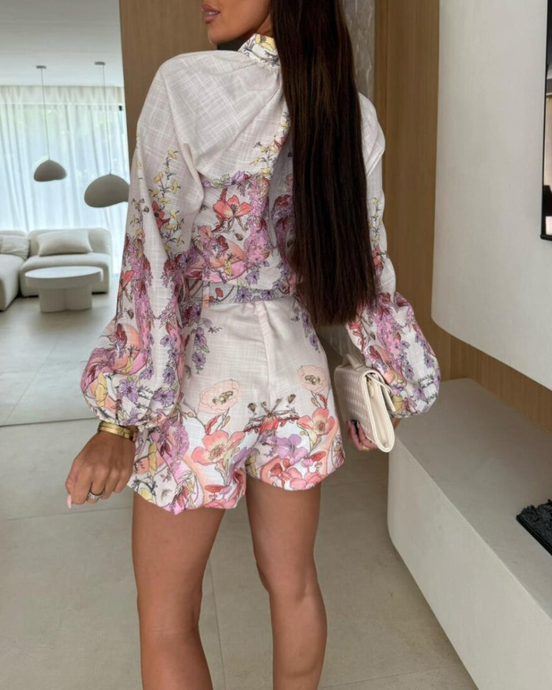 2 Pieces Outfit Floral Placement Print Stand Collar Button Button Front Lantern Sleeve Top and Casual Elastic Back Waist Shorts Set with Belt