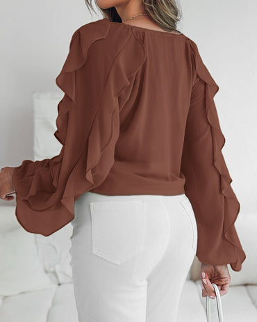 V Neck Shoulder Ruffles Design Blouse Casual Button Front Long Sleeve Top
