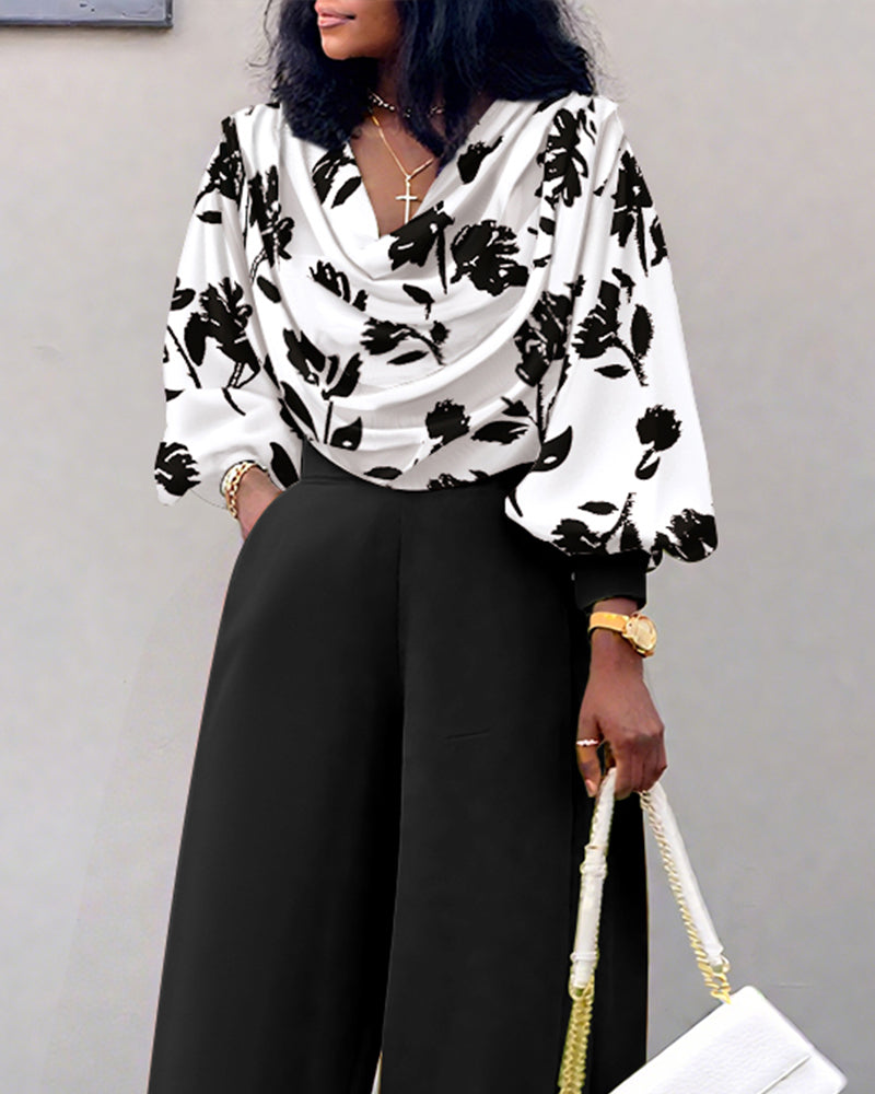 2 Pieces Outfit Floral Print Cowl Neck Lantern Sleeve Stretchy Hem Crop Top and Casual Elastic Back Waist Wide Leg Pants Set