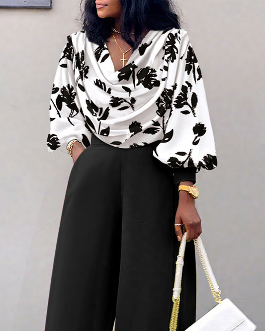2 Pieces Outfit Floral Print Cowl Neck Lantern Sleeve Stretchy Hem Crop Top and Casual Elastic Back Waist Wide Leg Pants Set