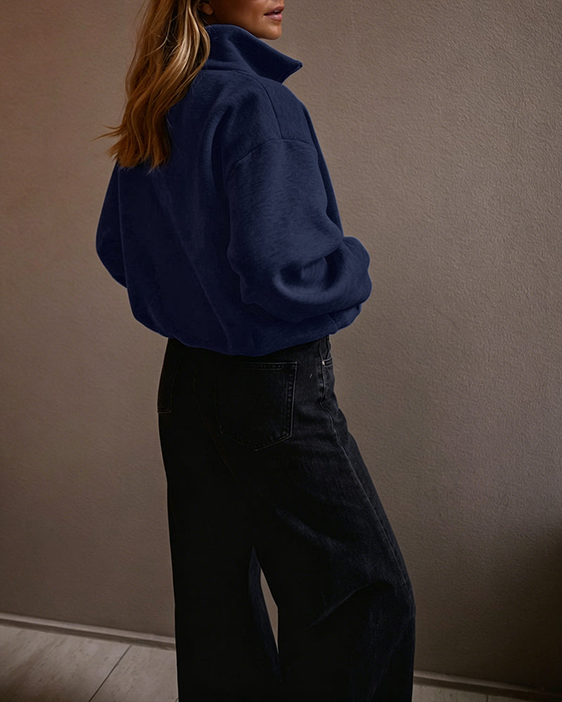 Women's Two-Way Zipper Front Stretchy Hem Coat Stand Collar Drop Shoulder Sweatshirt with Pockets