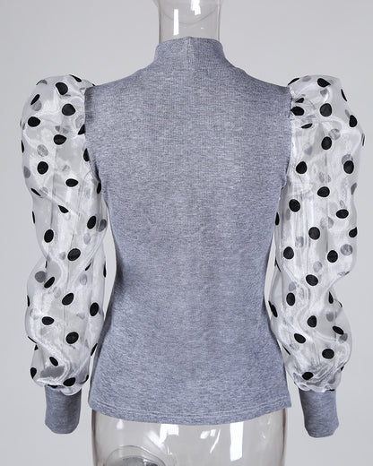 Dot Mesh Patch Mock Neck Puff Sleeve Blouse Casaul Pullover Knit Top
