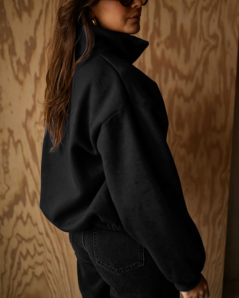 Women's Two-Way Zipper Front Stretchy Hem Coat Stand Collar Drop Shoulder Sweatshirt with Pockets