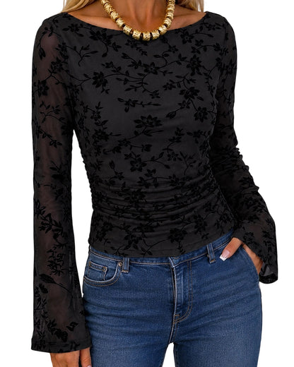 Couture Women's Bell Sleeve Floral Mesh Top
