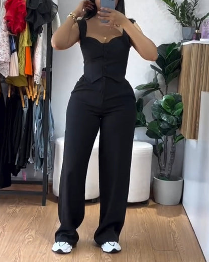 2 Pieces Outfit Thick Strap Button Front Shirred Back Slim Fit Crop Top and Casual High Waist Zipper Fly Elastic Back Waist Wide Leg Pants Set