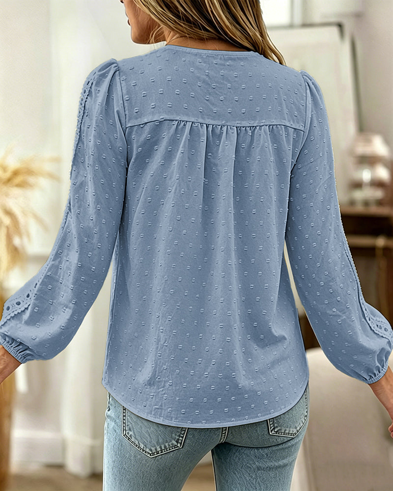 Women's Hollow-Out Lace Spliced Lantern Sleeve Top Elegant 3D Jacquard Chiffon Blouse for Work and Daily Wear