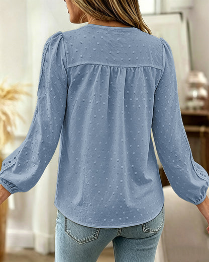 Women's Hollow-Out Lace Spliced Lantern Sleeve Top Elegant 3D Jacquard Chiffon Blouse for Work and Daily Wear