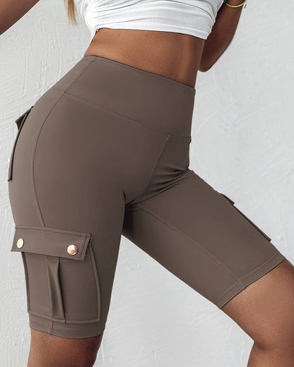 Tummy Control Butt Lifting Active Shorts High Waist Flap Pocket Workout Bermuda Cargo Running Shorts