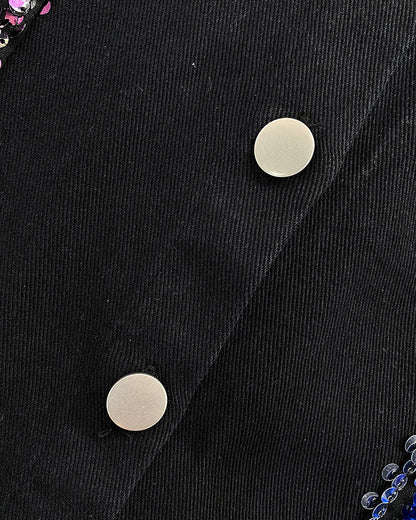 Contrast Sequin Long Sleeve Jacket Top Button Front Raw Hem Loose Fit Shacket