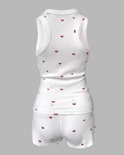 2 Pieces Outfit Heart Print U Neck Sleeveless Tank Top and Casual Strechy Waist Shorts Set Slim Fit Ribbed Pajamas Set