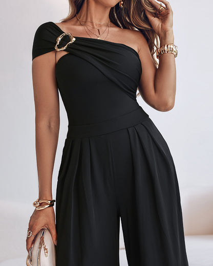 Cold Shoulder Ruched Buckle Wide Leg Jumpsuit