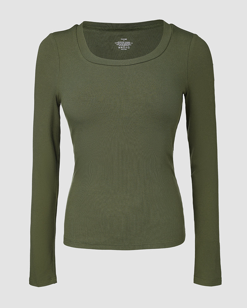 ChicMe Built-in Bra U-Neck Long Sleeve Ribbed Top