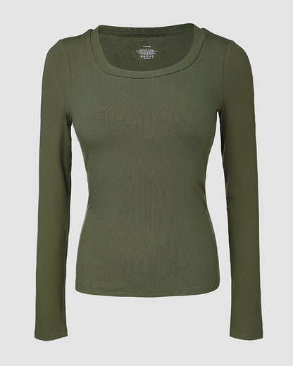 ChicMe Built-in Bra U-Neck Long Sleeve Ribbed Top