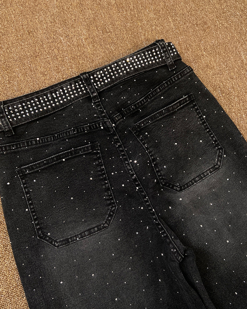 CHICMELIVE High Waisted Wide Leg Jeans for Women Rhinestone Embellished Denim Pants with Matching Sparkle Belt