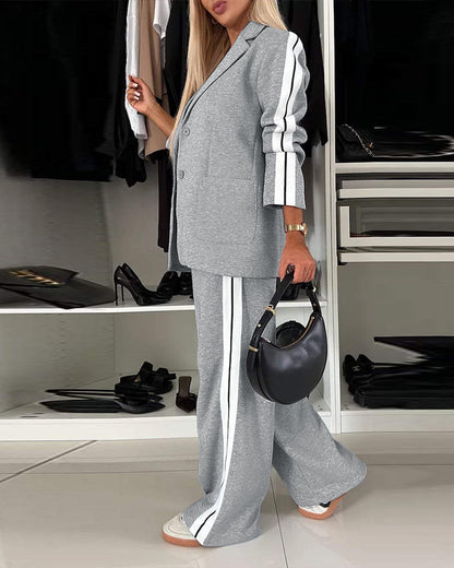 2 Pieces Outfit Notched Collar Single Breasted Pockets Design Coat and Elastic Waist Seam Front Wide Leg Pants Set Casual Contrast Side Striped Blazer Set