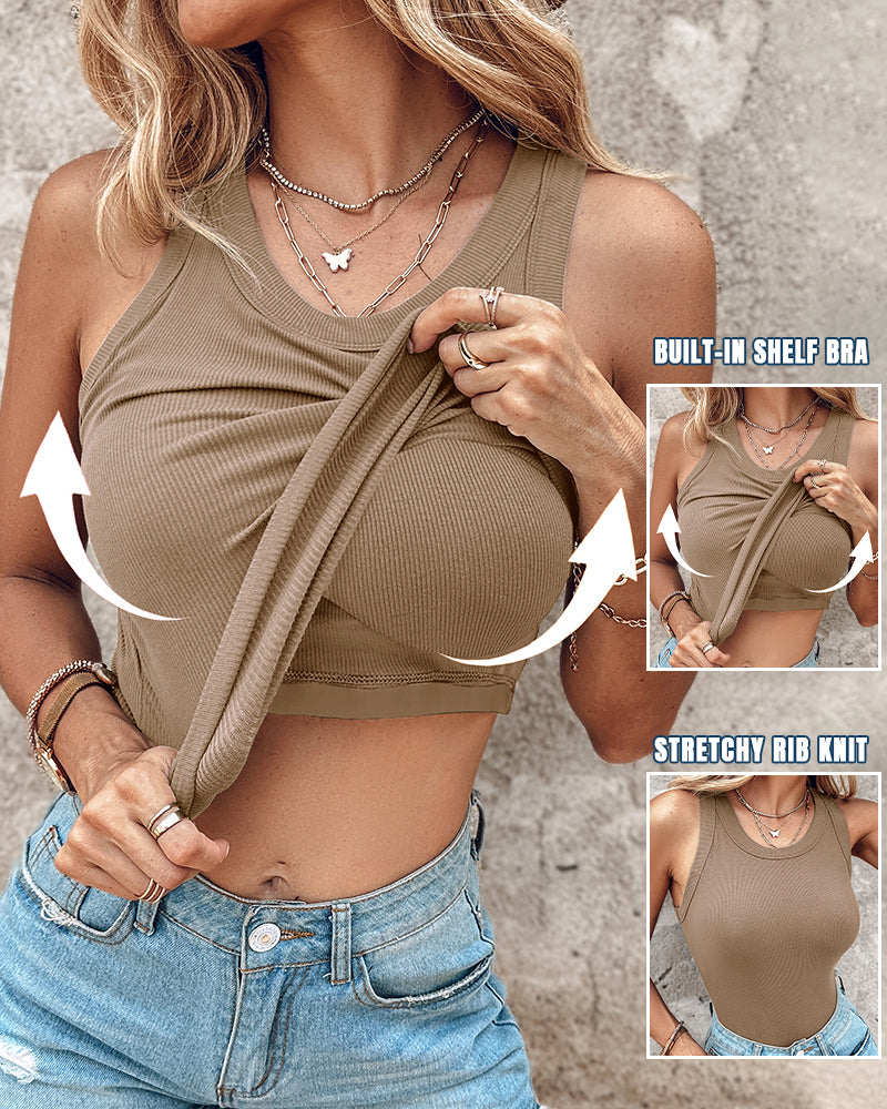 ChicMeLive Built-in Bra Ribbed Round Neck Tank Top
