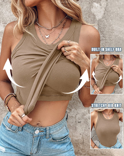 ChicMeLive Built-in Bra Ribbed Round Neck Tank Top
