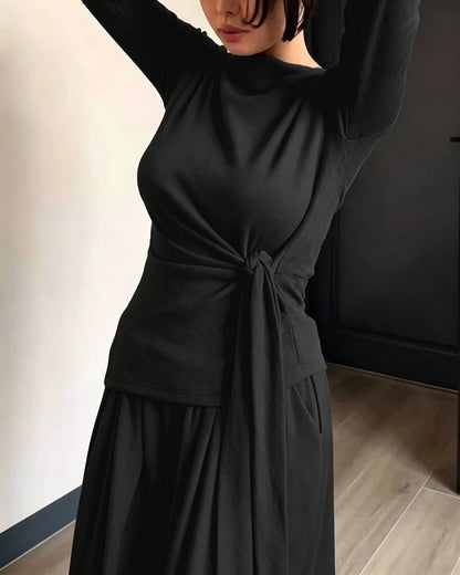Women's 2 Piece Knit Lounge Set Long Sleeve Tie Waist Top and High Waisted Wide Leg Pants Casual Soft Sweatsuit with Pockets