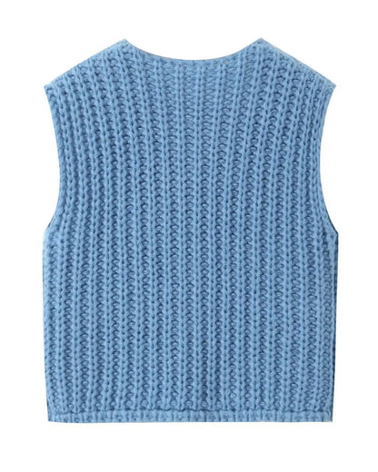 V-Neck Sleeveless Button Front Knit Vest Casual Loose Fit Sweater Top with Pockets