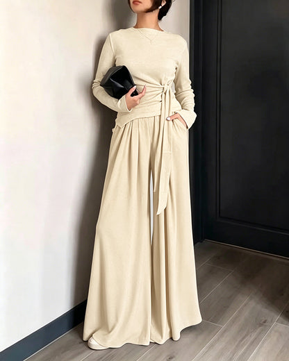 Women's 2 Piece Knit Lounge Set Long Sleeve Tie Waist Top and High Waisted Wide Leg Pants Casual Soft Sweatsuit with Pockets