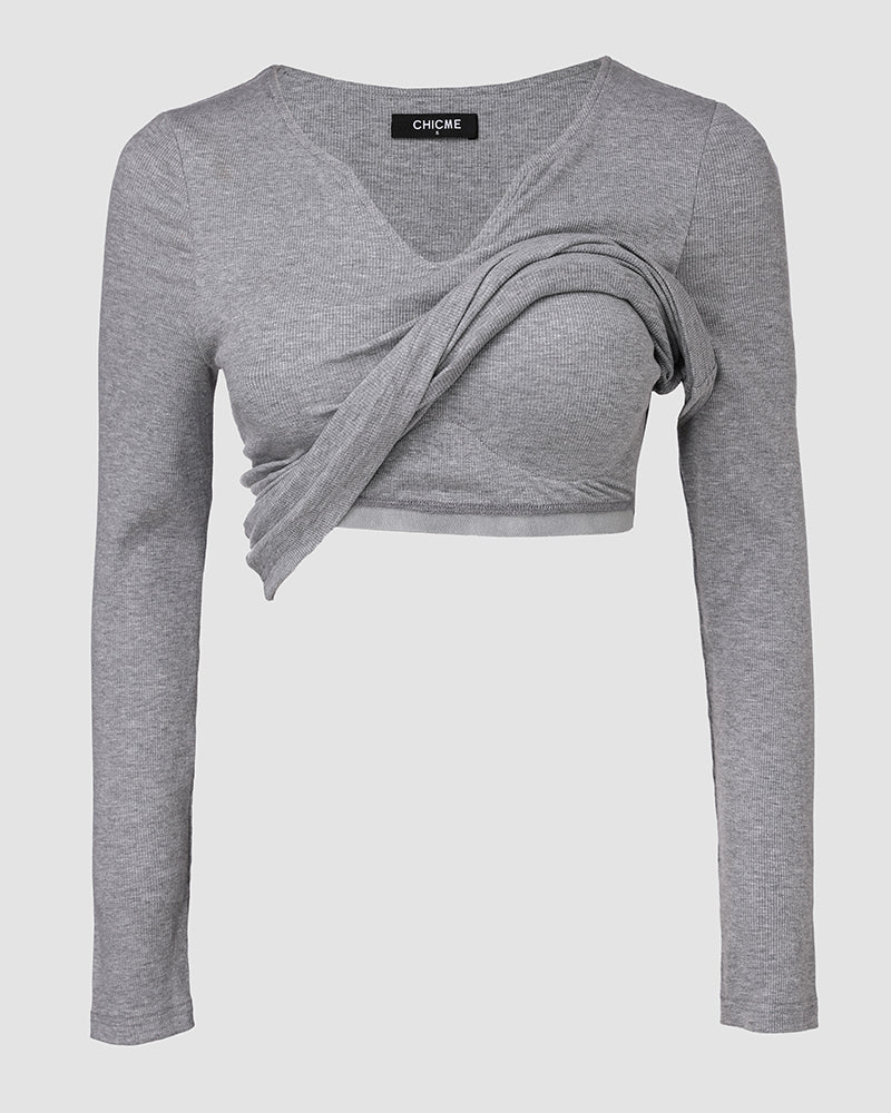 ChicMe Built-in Bra Notch Neck Long Sleeve Shirts Rib-Knit Ruched Waist Top