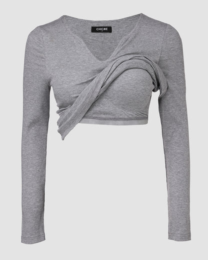 ChicMe Built-in Bra Notch Neck Long Sleeve Shirts Rib-Knit Ruched Waist Top