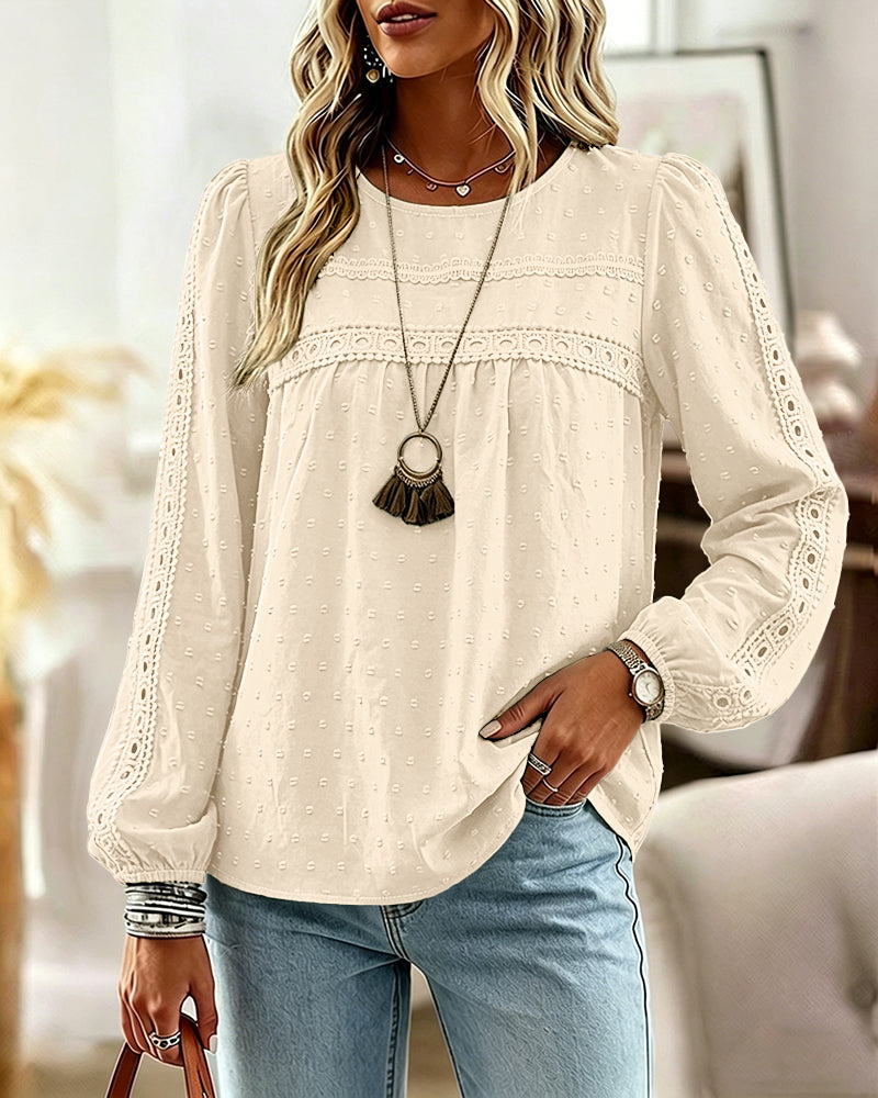 Women's Hollow-Out Lace Spliced Lantern Sleeve Top Elegant 3D Jacquard Chiffon Blouse for Work and Daily Wear