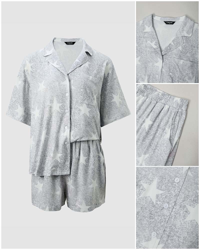 Women's 2 Piece Pajama Set Anchor Print Notched Collar Top and Striped Shorts Casual Loungewear Set