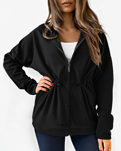 Long Sleeve Waist Drawstring Hooded Coat Casual Loose Fit Cardigan Jacket with Pockets